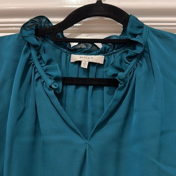 Milly Emerald Green Ruffle Neck Silk Blouse Size Small - Picture 7 of 7